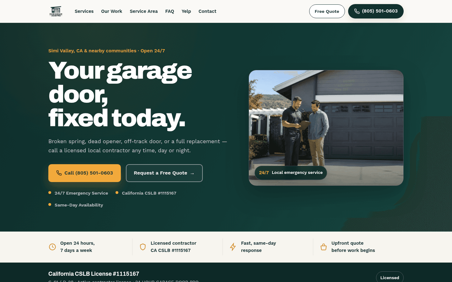 24 Hour Garage Door Pro website — desktop view