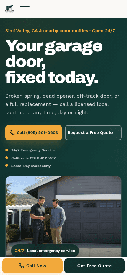 24 Hour Garage Door Pro website — mobile view